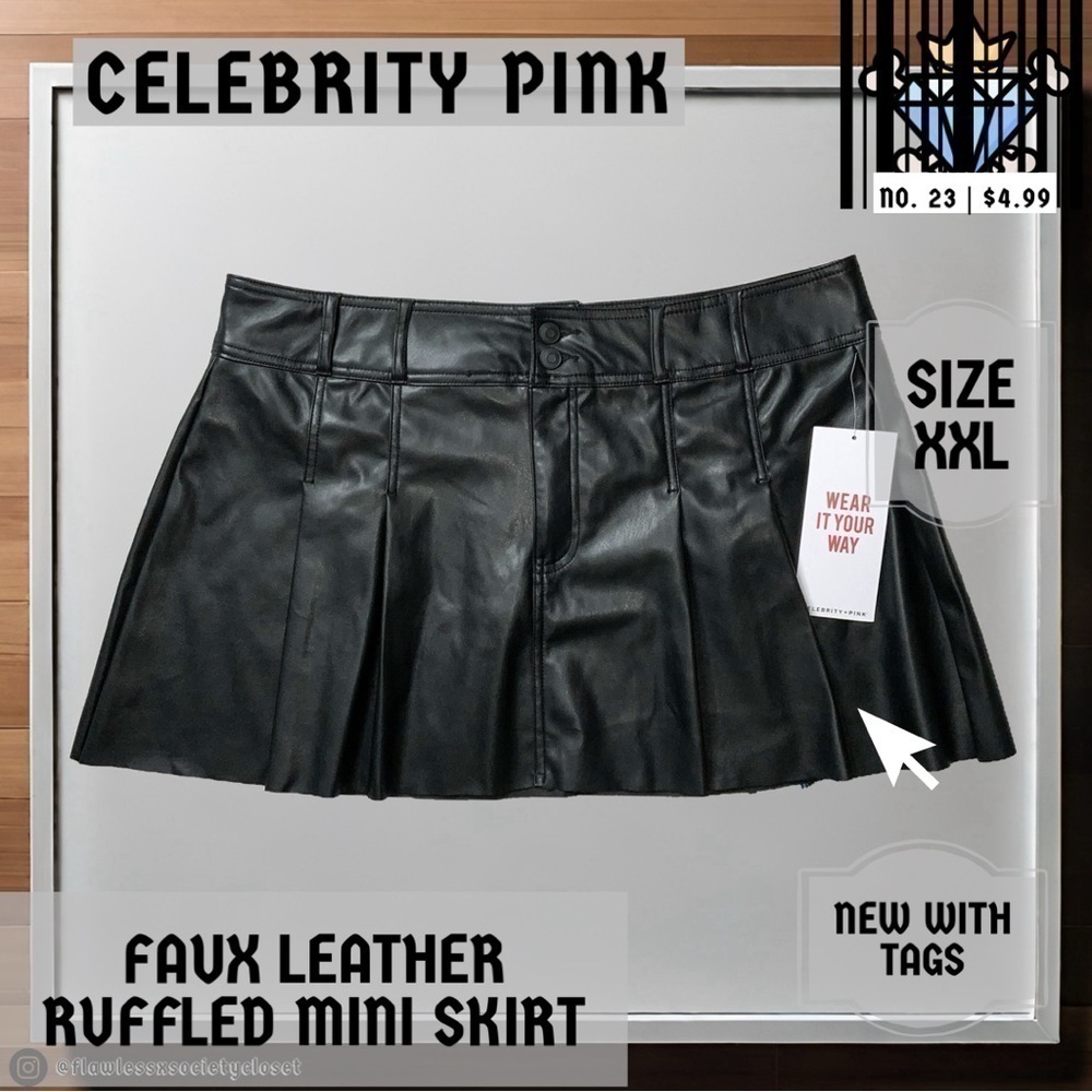 CELEBRITY PINK FAUX LEATHER RUFFLED MINI SKIRT SIZE XXL WOMENS STREETWEAR - Picture 3 of 7